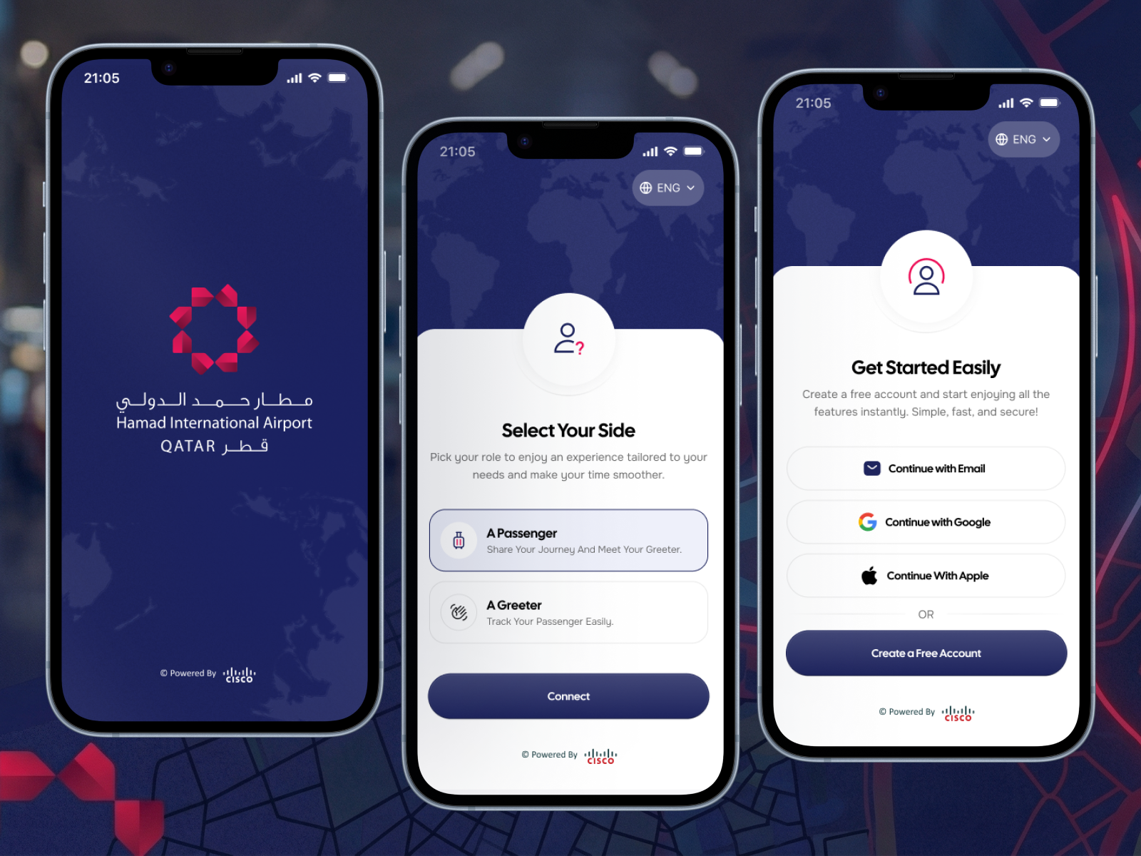 HIA splash screen, passenger and greeter role selection, and sign-in options including Email, Google, and Apple