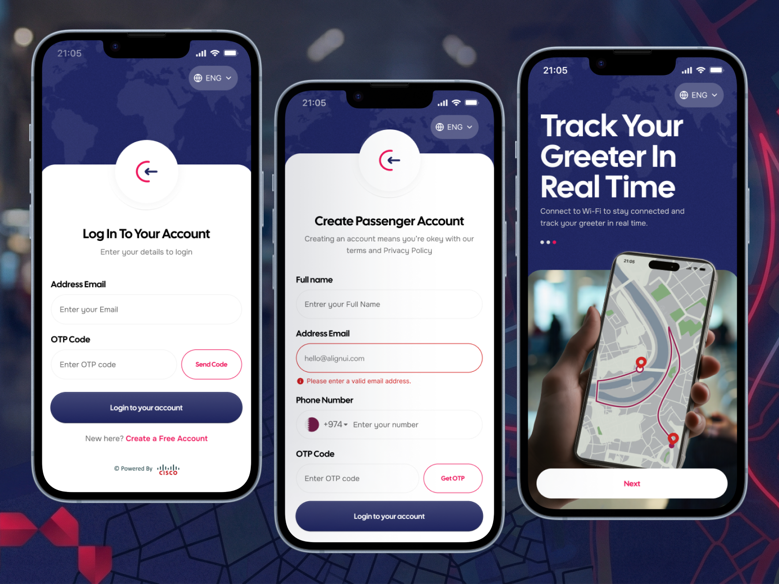HIA email OTP login, passenger account creation form with validation, and real-time greeter tracking onboarding screen