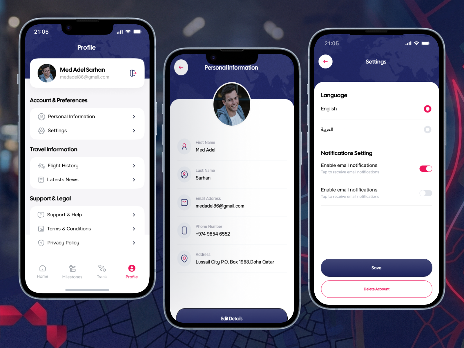 HIA profile menu, personal information details, and settings screen with language and notification toggles