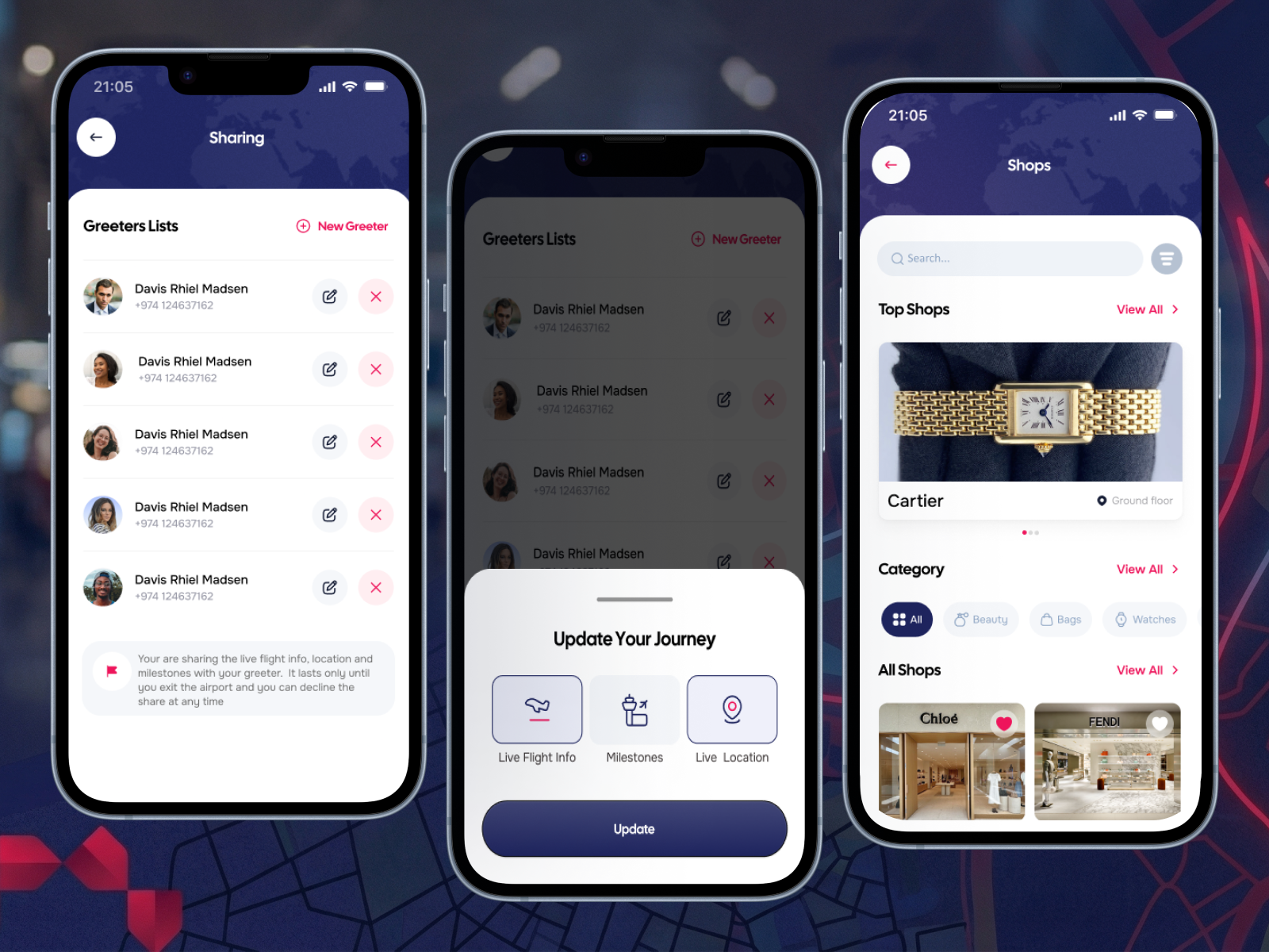 HIA greeter list with sharing controls, journey update modal, and airport shops browser featuring luxury brands